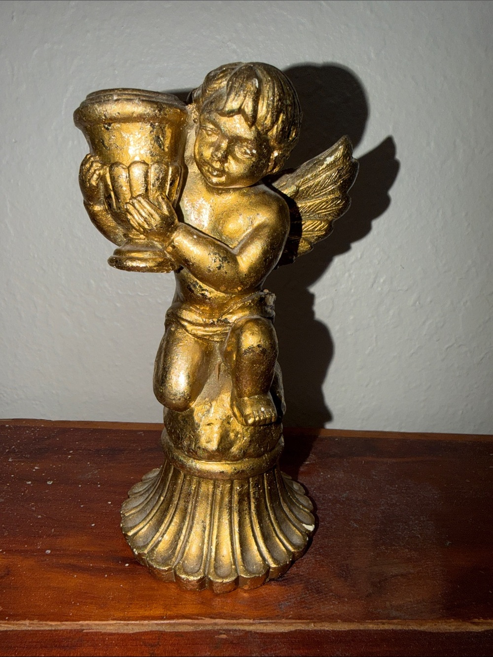 vintage gold-gilt plaster or chalkware cherub angel candlestick holder mcm
